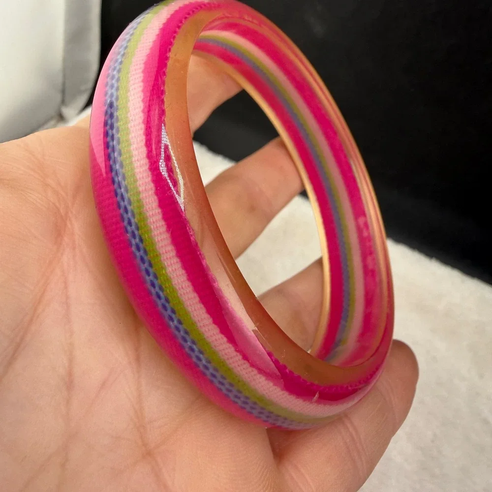 Vintage Bangle Bracelet Pink Striped Fabric Inlay Acrylic Retro 80s 8.5